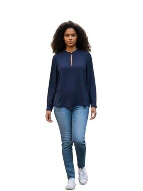 Lumiere Long Sleeve Keyhole Neckline Top Navy Small
